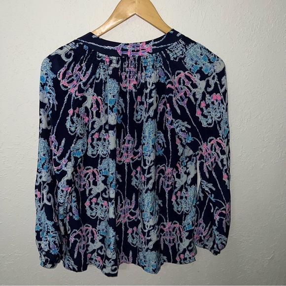 Lilly Pulitzer BNWOT Elsa 100% Silk Top Bright Navy Pop up Monkey Trouble Small - Picture 10 of 12